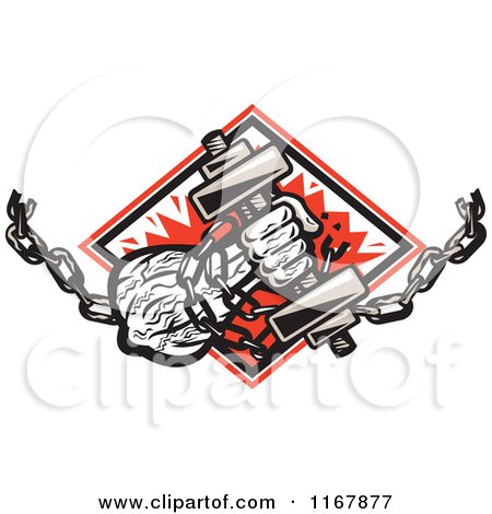 Clipart of a Strongman with Chains and a Dumbbell in Hand, Crashing Through a Red Diamond - Royalty Free Vector Illustration by patrimonio