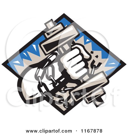 Clipart of a Strongman with Chains and a Dumbbell in Hand, Crashing Through a Blue Diamond - Royalty Free Vector Illustration by patrimonio