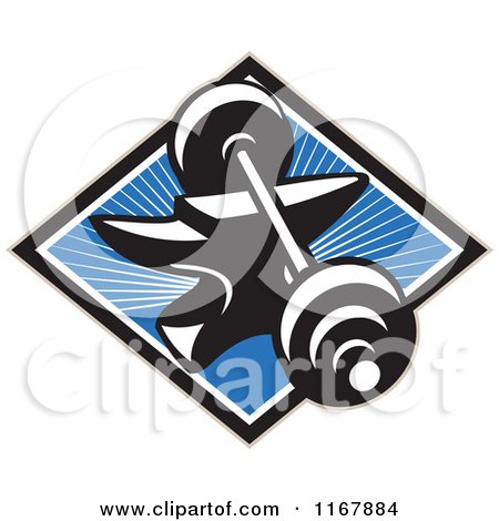 Clipart of a Barbell Resting on an Anvil in a Diamond of Rays on Blue - Royalty Free Vector Illustration by patrimonio