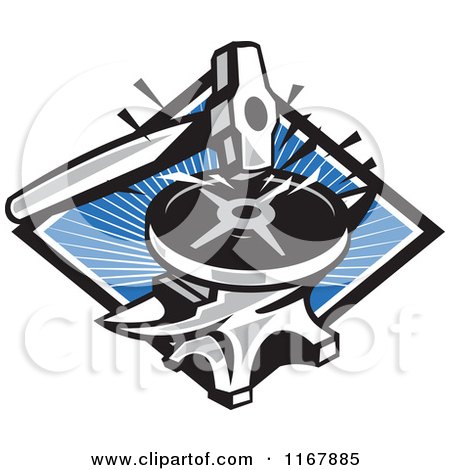 Clipart of a Sledgehammer Stricking a Plate Weight on an Anvil over a Blue Ray Diamond - Royalty Free Vector Illustration by patrimonio
