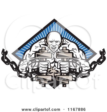 Clipart of a Bodybuilder with Chains and Dumbbells over a Blue Ray Diamond - Royalty Free Vector Illustration by patrimonio