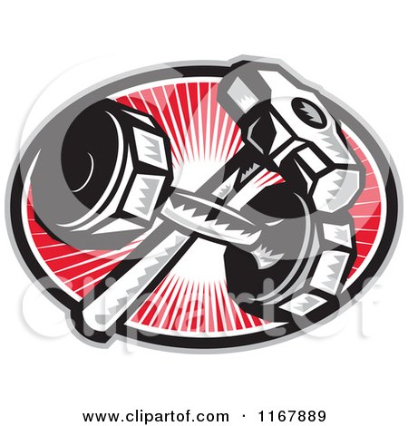 Clipart of a Crossed Woodcut Sledgehammer and Dumbbell over a Red Ray Oval - Royalty Free Vector Illustration by patrimonio