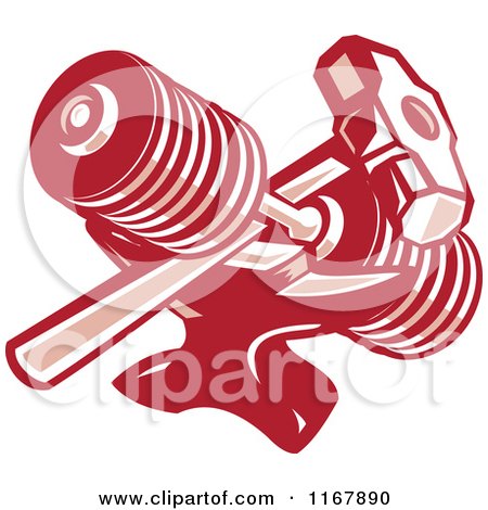 Clipart of a Crossed Red Sledgehammer and Dumbbell over an Anvil - Royalty Free Vector Illustration by patrimonio