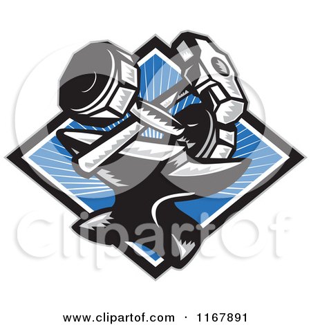 Clipart of a Crossed Woodcut Sledgehammer and Dumbbell over an Anvil and Blue Ray Diamond - Royalty Free Vector Illustration by patrimonio