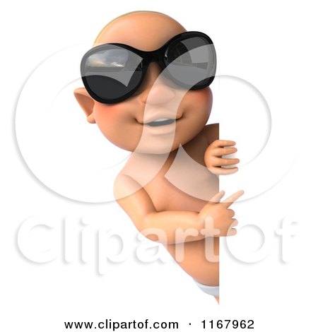 Clipart of a 3d Caucasian Baby Boy with Sunglasses Pointing at a Sign - Royalty Free CGI Illustration by Julos