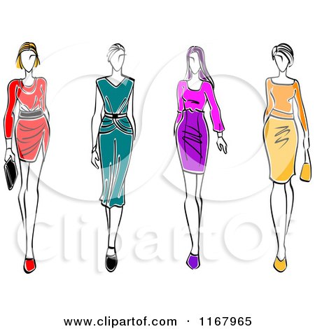 Clipart of Sketched Models Walking in Dresses - Royalty Free Vector Illustration by Vector Tradition SM