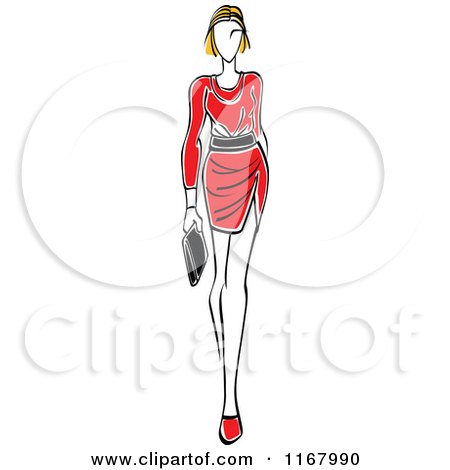 Clipart of a Sketched Model Walking in a Red Dress - Royalty Free Vector Illustration by Vector Tradition SM
