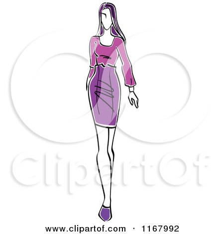 Clipart of a Sketched Model Walking in a Purple Dress - Royalty Free Vector Illustration by Vector Tradition SM