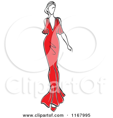 Clipart of a Sketched Fashion Model Walking in a Red Dress 3 - Royalty Free Vector Illustration by Vector Tradition SM