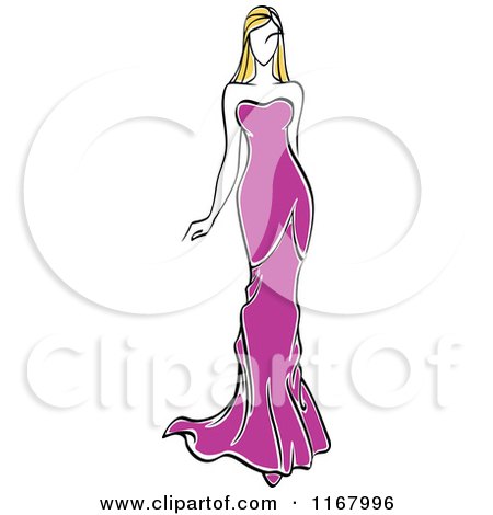 Clipart of a Sketched Fashion Model Walking in a Purple Dress - Royalty Free Vector Illustration by Vector Tradition SM