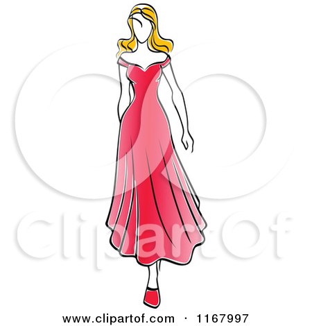 Clipart of a Sketched Fashion Model Walking in a Red Dress - Royalty Free Vector Illustration by Vector Tradition SM