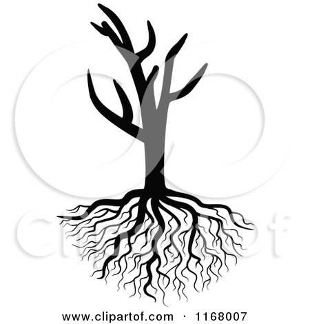Clipart of a Black and White Bare Tree and Roots - Royalty Free Vector Illustration by Vector Tradition SM