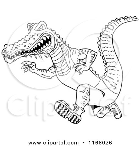Cartoon of a Black and White Drooling Alligator Running in Sports Apparel - Royalty Free Vector Clipart by LaffToon
