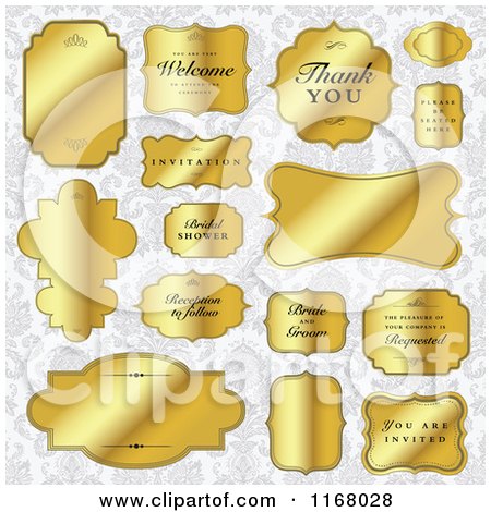 Clipart of Golden Wedding Frames over Gray Floral - Royalty Free Vector Illustration by BestVector