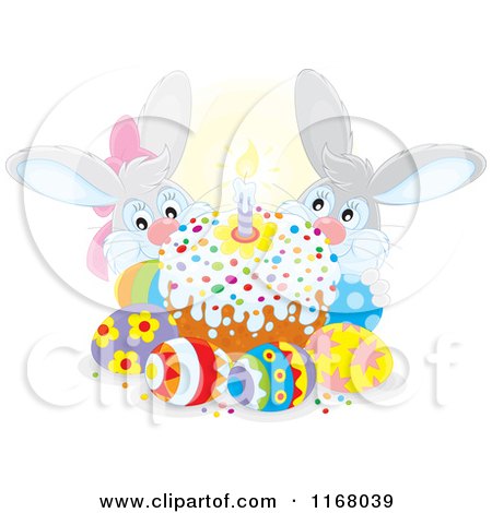 Cartoon of a Cake with Easter Eggs and Bunnies - Royalty Free Vector Clipart by Alex Bannykh