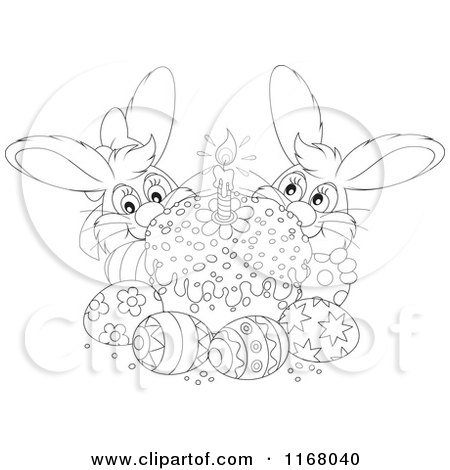 Cartoon of an Outlined Cake with Easter Eggs and Bunnies - Royalty Free Vector Clipart by Alex Bannykh