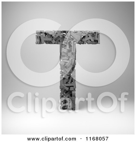 Clipart of a 3d Capital Letter T Composed of Scrambled Letters over Gray - Royalty Free CGI Illustration by stockillustrations