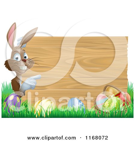 Cartoon of a Brown Bunny Pointing to a Wooden Sign over Easter Eggs in Grass - Royalty Free Vector Clipart by AtStockIllustration