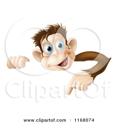 Cartoon of a Happy Monkey Pointing down at a Sign - Royalty Free Vector Clipart by AtStockIllustration