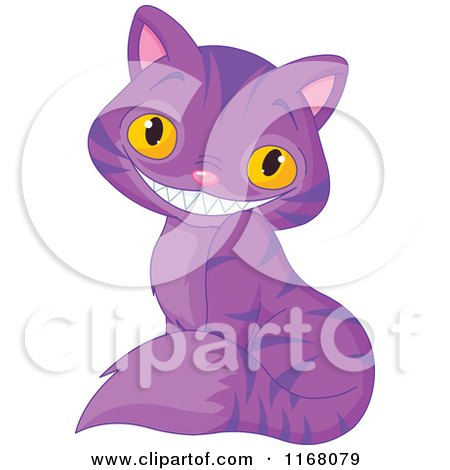 Cartoon of a Sitting Purple Grinning Cheshire Cat - Royalty Free Vector Clipart by Pushkin