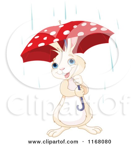 Cartoon of a Cute White Rabbit with a Polka Dot Umbrella in the Rain - Royalty Free Vector Clipart by Pushkin