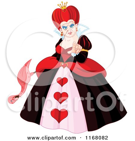 Cartoon of an Ugly Queen of Hearts Holding a Flamingo and Pointing - Royalty Free Vector Clipart by Pushkin