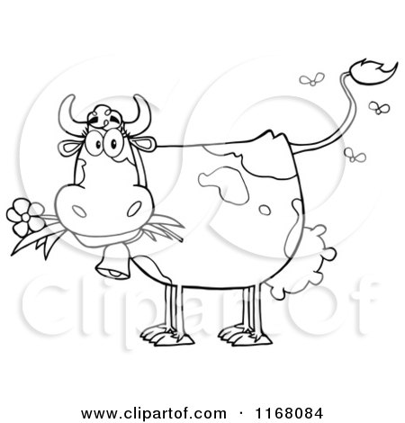 Cartoon of an Outlined Stinky Cow with Flies - Royalty Free Vector Clipart by Hit Toon