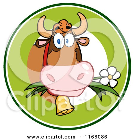 Cartoon of a Cow Eating a Daisy Flower in a Green Circle - Royalty Free Vector Clipart by Hit Toon