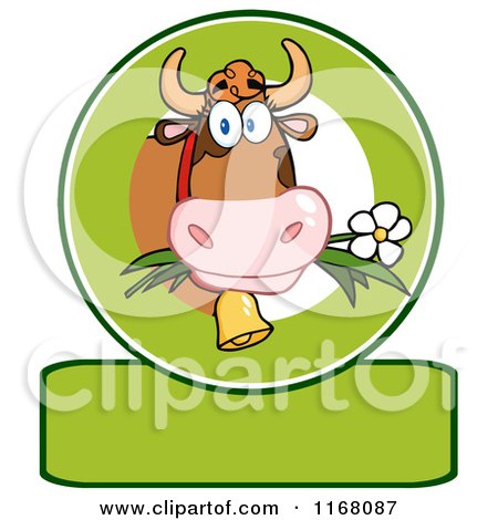 Cartoon of a Cow Eating a Daisy Flower over a Green Banner - Royalty Free Vector Clipart by Hit Toon