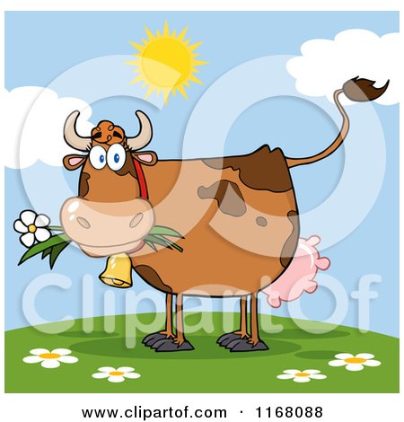 Cartoon of a Brown Cow Eating a Daisy Flower on a Hill - Royalty Free Vector Clipart by Hit Toon