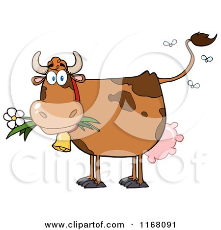 Cartoon of a Stinky Brown Cow with Flies - Royalty Free Vector Clipart by Hit Toon