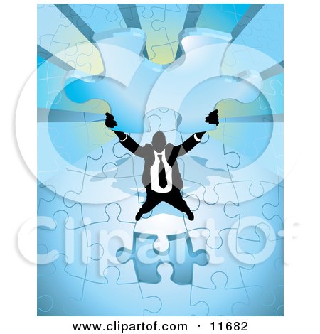 Proud, Successful Businessman Holding up the Last Piece of a Blue Jigsaw Puzzle Before Completing it Clipart Illustration by AtStockIllustration