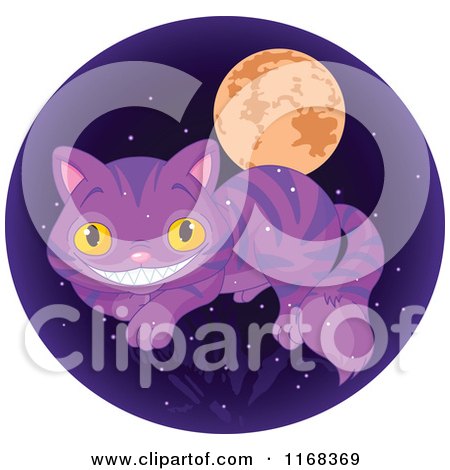 Cartoon of a Grinning Cheshire Cat over Branches a Full Moon and Stars in a Circle - Royalty Free Vector Clipart by Pushkin