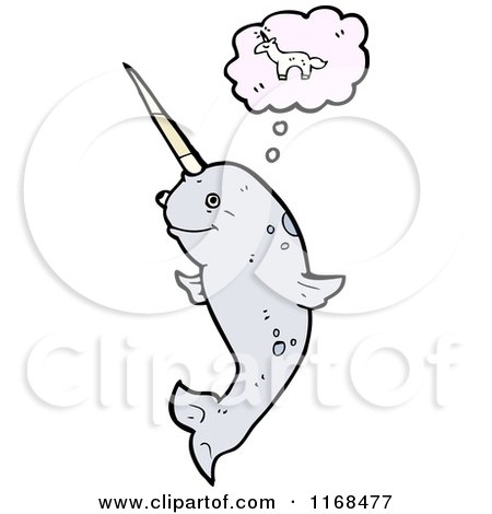 Cartoon of a Narwhal Whale Thinking of a Unicorn - Royalty Free Vector Illustration by lineartestpilot