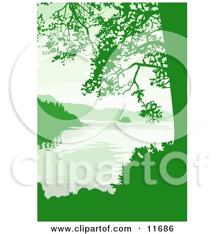 Lake, Mountains and Trees in Green Tones Clipart Illustration by AtStockIllustration
