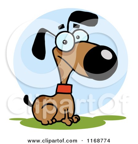 Cartoon of a Cute Alert Brown Dog Sitting Against a Blue Circle - Royalty Free Vector Clipart by Hit Toon