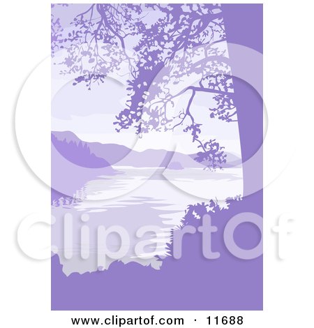 Lake, Mountains and Trees in Purple Tones Clipart Illustration by AtStockIllustration