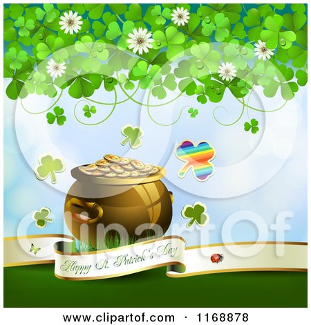Clipart of a Happy St Patricks Day Greeting Background with Shamrocks and a Pot of Leprechauns Gold - Royalty Free Vector Illustration by merlinul