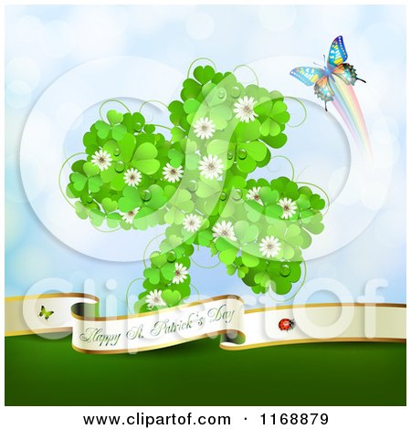 Clipart of a Happy St Patricks Day Greeting Butterfly and Shamrock Made of Clovers on Blue - Royalty Free Vector Illustration by merlinul