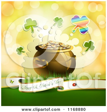 Clipart of a Happy St Patricks Day Greeting Background with Shamrocks and a Pot of Leprechauns Gold 2 - Royalty Free Vector Illustration by merlinul