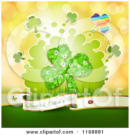 Clipart of a Happy St Patricks Day Greeting and Shamrock Made of Clovers on Orange Flares - Royalty Free Vector Illustration by merlinul