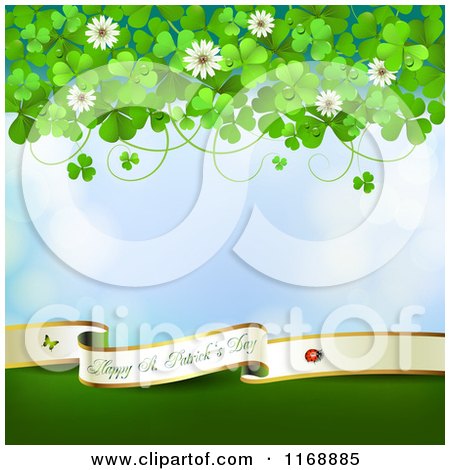 Clipart of a Happy St Patricks Day Greeting over Blue with Clovers and Flowers - Royalty Free Vector Illustration by merlinul