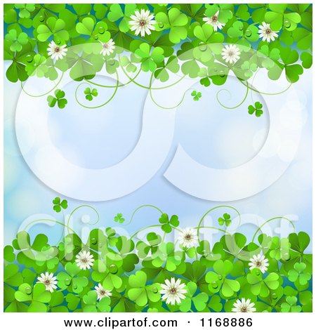 Clipart of a Green St Patricks Day Background with Shamrock Clovers and Flowers over Flares on Blue - Royalty Free Vector Illustration by merlinul