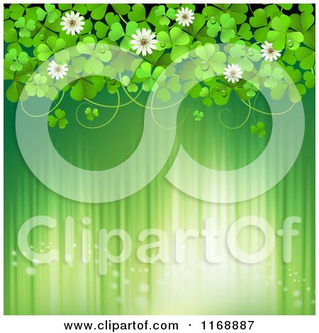 Clipart of a Green St Patricks Day Background with Shamrock Clovers and Flowers over Lights - Royalty Free Vector Illustration by merlinul