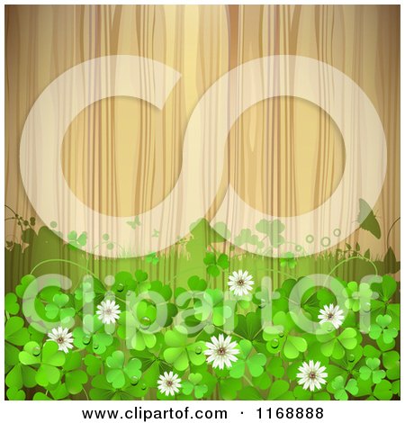 Clipart of a Green St Patricks Day Background with Shamrock Clovers and Flowers over Wood - Royalty Free Vector Illustration by merlinul