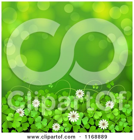 Clipart of a Green St Patricks Day Background with Shamrock Clovers and Flowers over Flares 2 - Royalty Free Vector Illustration by merlinul