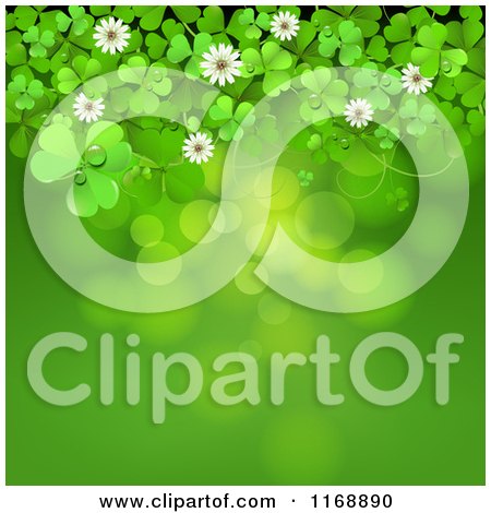 Clipart of a Green St Patricks Day Background with Shamrock Clovers and Flowers over Flares - Royalty Free Vector Illustration by merlinul