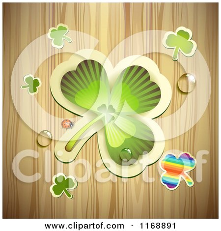 Clipart of a St Patricks Day Shamrock and Clovers over Wood - Royalty Free Vector Illustration by merlinul