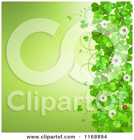 Clipart of a Green St Patricks Day Background with Shamrock Clovers and Flowers over Diagonal Stripes - Royalty Free Vector Illustration by merlinul
