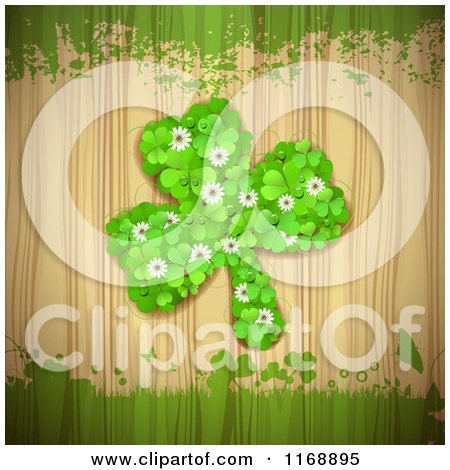 Clipart of a St Patricks Day Shamrock Made of Clovers over Wood with Grunge - Royalty Free Vector Illustration by merlinul